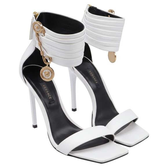 Versace Safety Pin Ankle-Cuff Sandals in White Leather - Picture 3 of 12